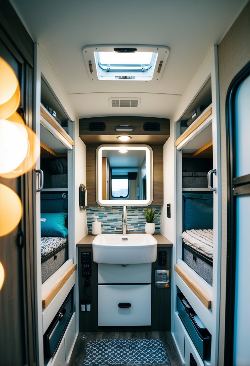 A compact travel trailer with bathroom, surrounded by various storage solutions, all under 3000 lbs