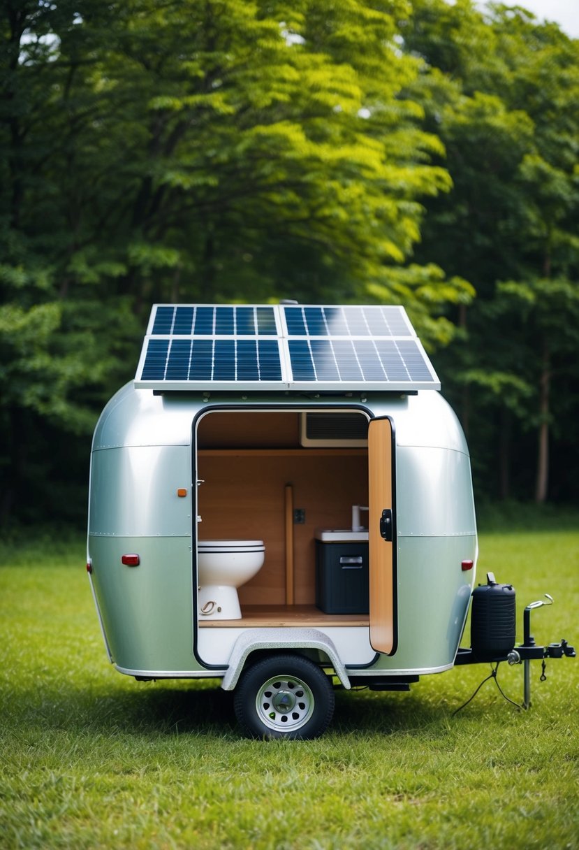 A small, eco-friendly travel trailer sits in a lush, green campsite. Solar panels adorn the roof, and a composting toilet is visible through the open door