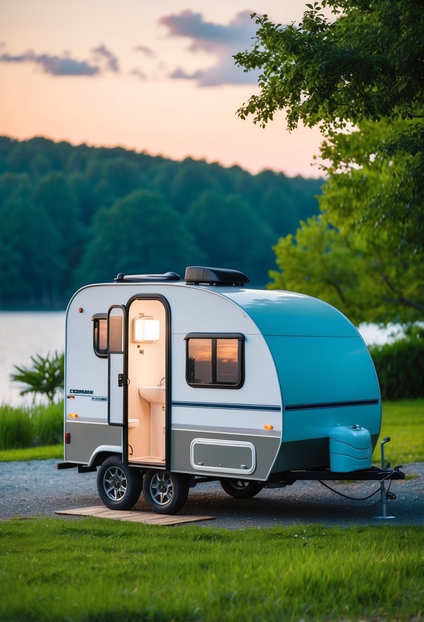 A compact travel trailer parked in a serene campground, with a small bathroom, surrounded by lush greenery and a peaceful lake in the background