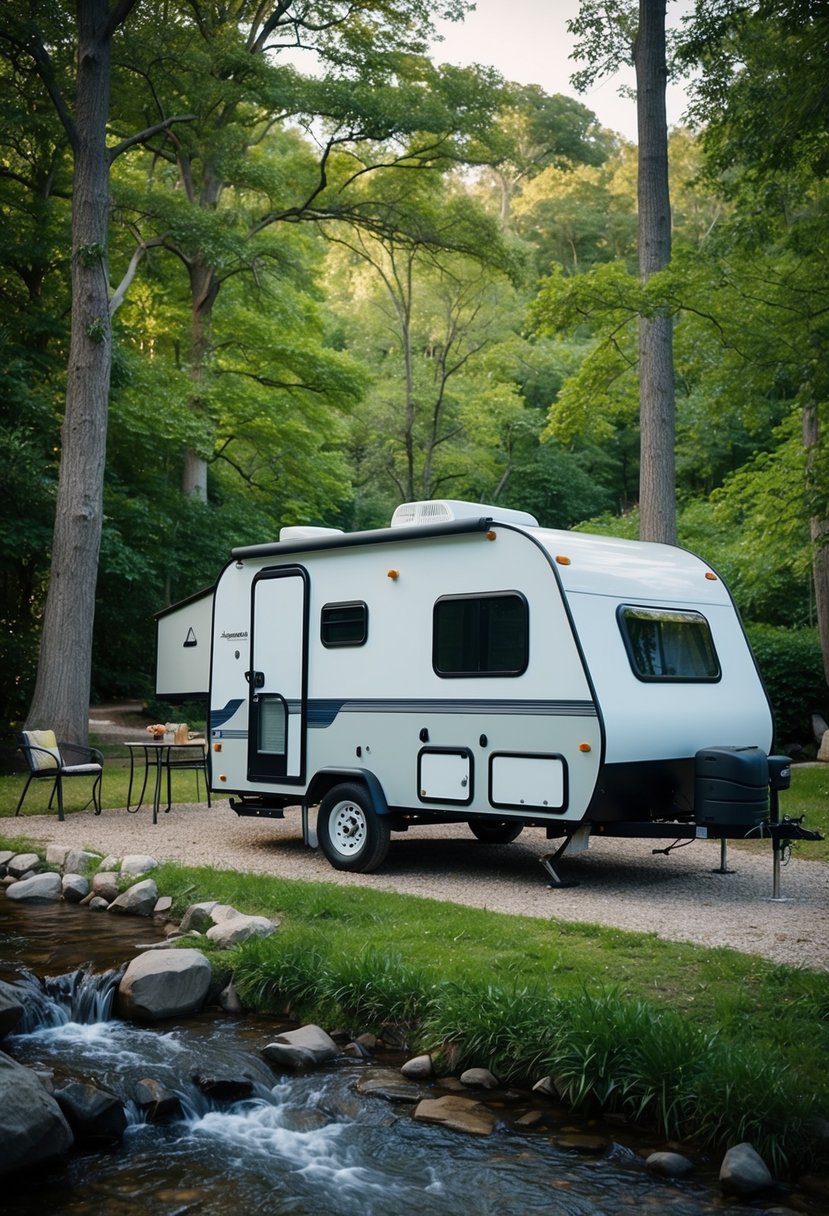 A compact travel trailer parked in a serene campground, surrounded by lush trees and a babbling stream, with a small bathroom window and a cozy outdoor sitting area