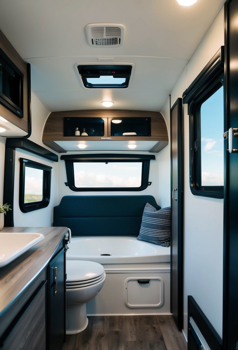 A compact travel trailer with a sleek design and a fully functional bathroom, showcasing innovative features for convenience and comfort