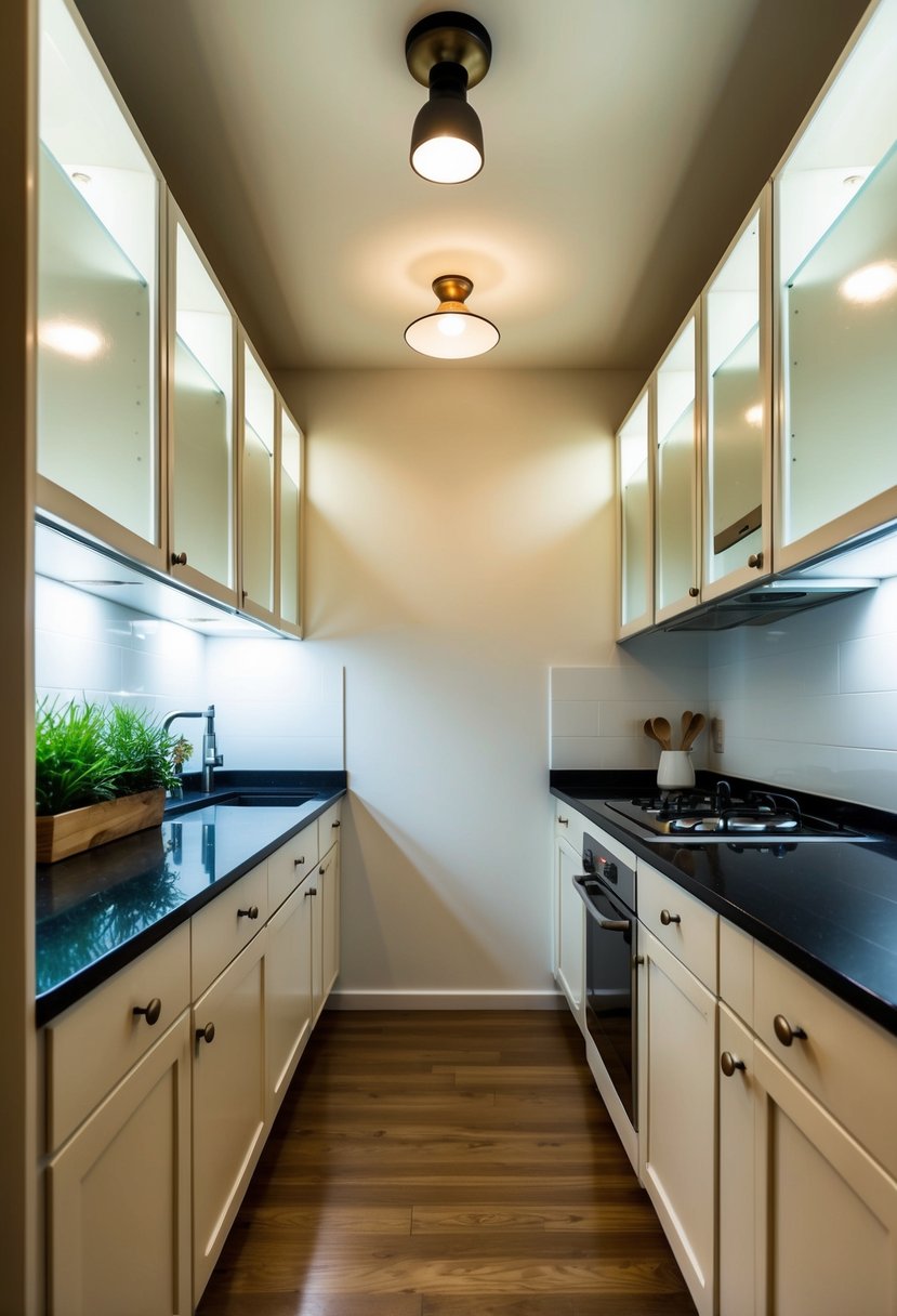 A small galley kitchen with under-cabinet lighting, pendant lights over the counter, and a central ceiling fixture illuminating the space