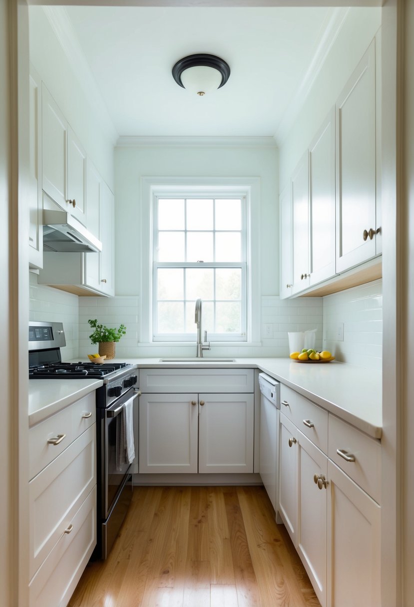 A small galley kitchen with bright white walls, cabinets, and countertops. Natural light streams in through a window, creating a spacious and airy atmosphere