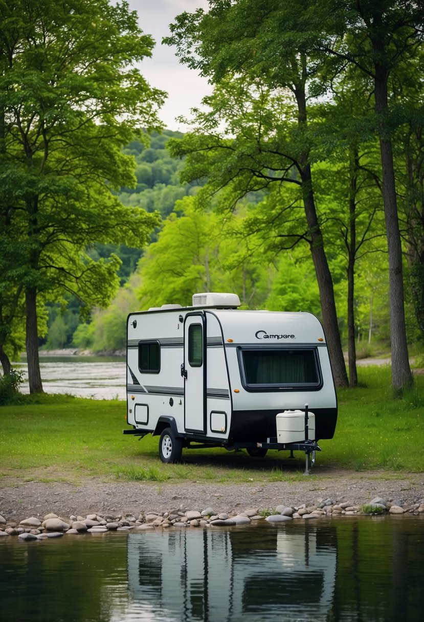 A small pull behind camper with a bathroom parked in a serene camping spot, surrounded by lush green trees and a calm river