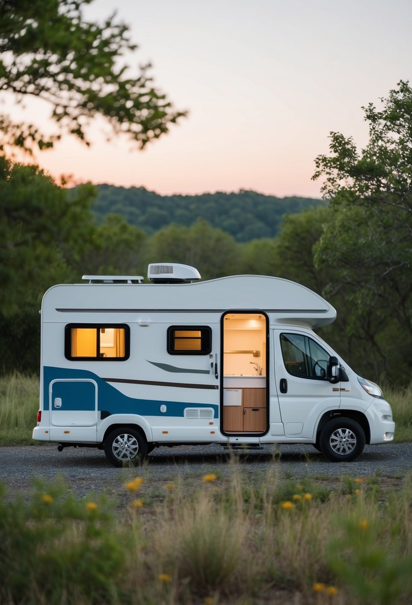 A compact RV parked in a serene natural setting, with a built-in kitchen, bathroom, and sleeping area visible through the windows