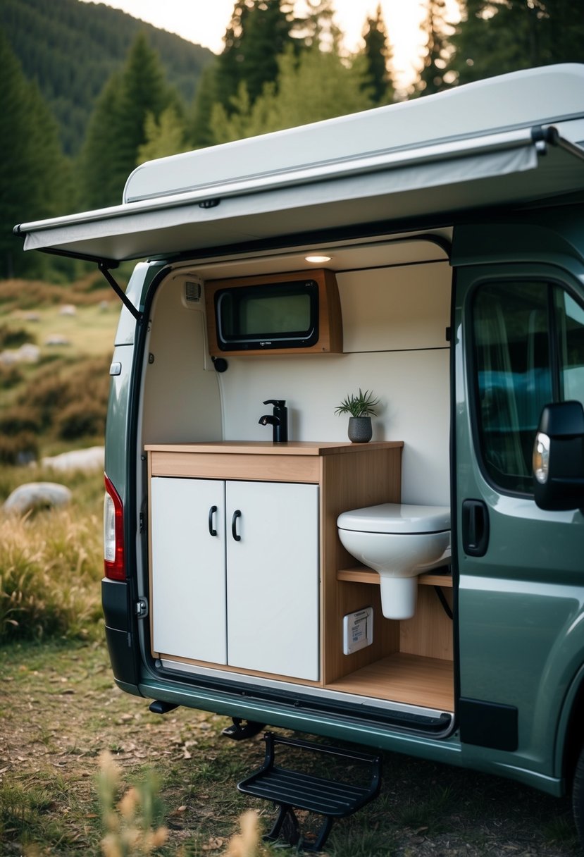 A compact camper with a fully equipped bathroom, nestled in a scenic natural setting