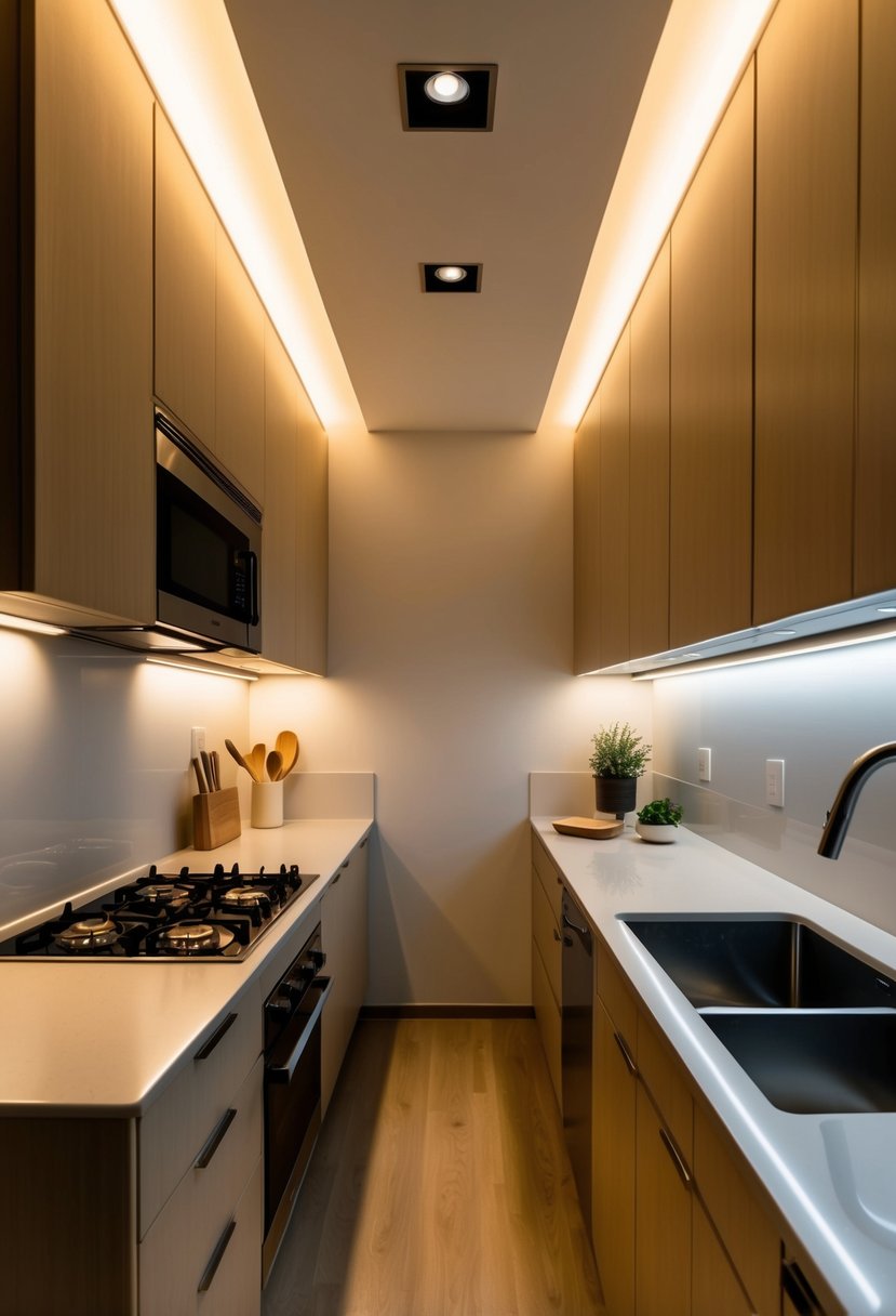 The small galley kitchen is bathed in warm, soft light, emanating from strategically placed recessed ceiling fixtures and under-cabinet LED strips. The light illuminates the sleek countertops, stainless steel appliances, and minimalist decor, creating a cozy and inviting prep station