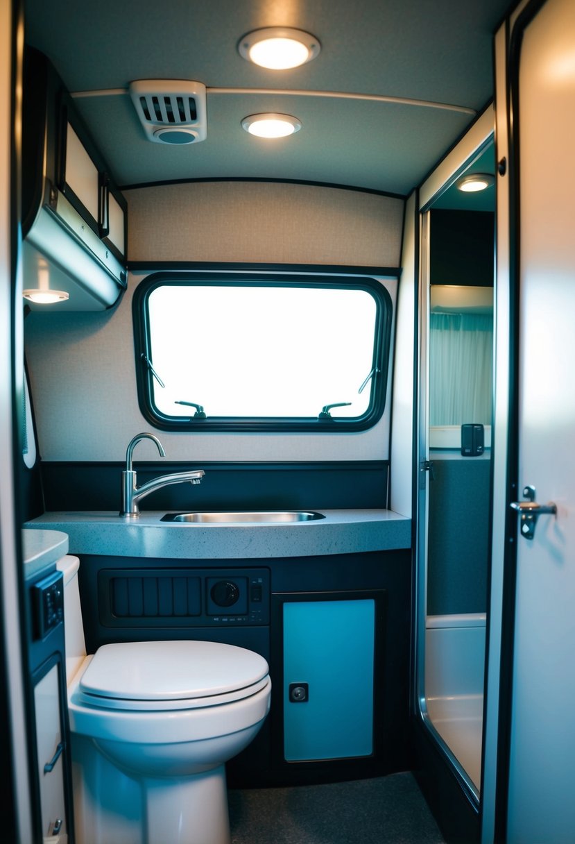 A compact camper interior with a fully equipped bathroom, including a toilet, sink, and shower stall