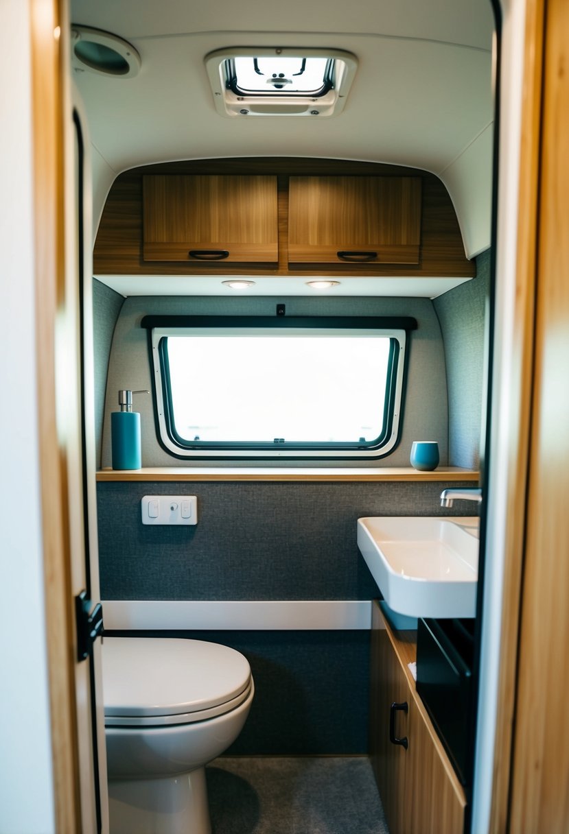 A compact camper interior with a fully functional bathroom, cleverly maximizing space for utility and comfort