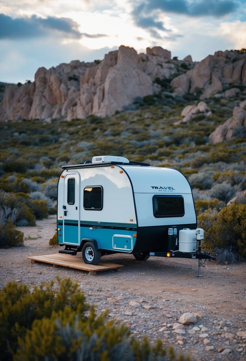 A compact travel trailer nestled in a remote off-grid location, complete with a full bathroom and surrounded by rugged natural scenery