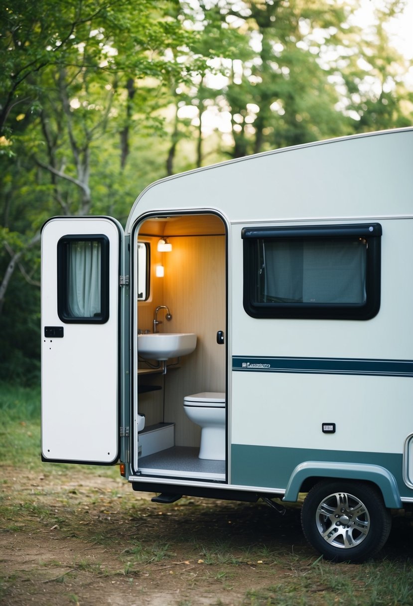 A small camper parked in a serene natural setting, with a compact yet fully-equipped bathroom visible through the open door