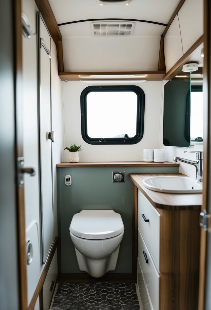 A small camper with a fully equipped bathroom, including a toilet, sink, and shower. Compact and efficient design for maximum comfort