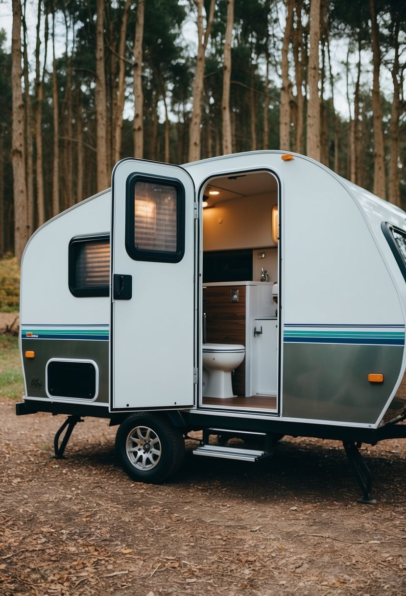 A small camper parked in a wooded area, with a compact yet fully-equipped bathroom visible through the open door