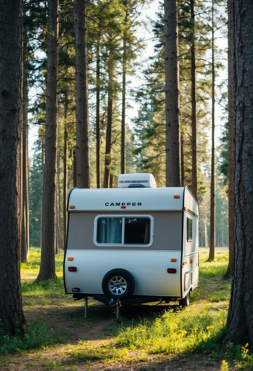 A compact camper with a full bathroom nestled in a serene forest clearing, surrounded by tall trees and dappled sunlight