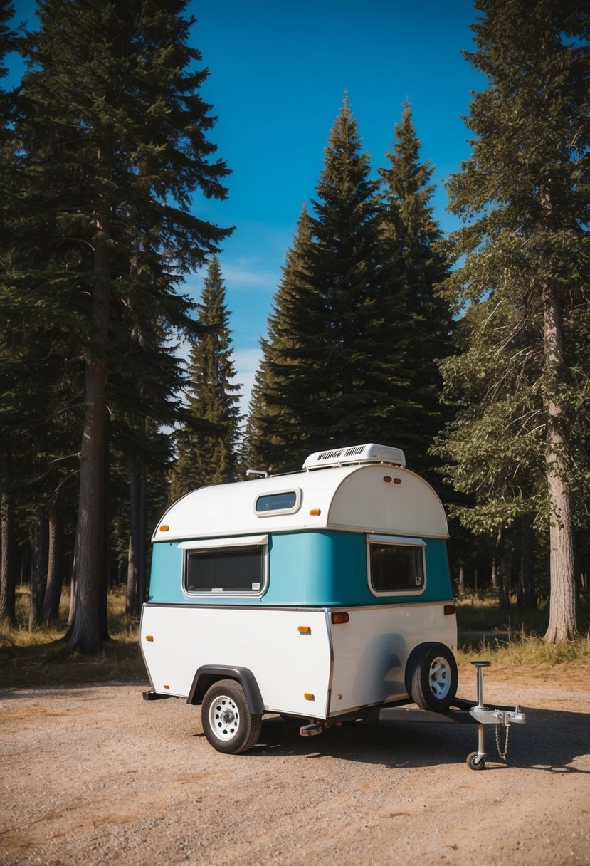 A small camper with a full bathroom parked in a serene wooded area, surrounded by tall trees and a clear blue sky