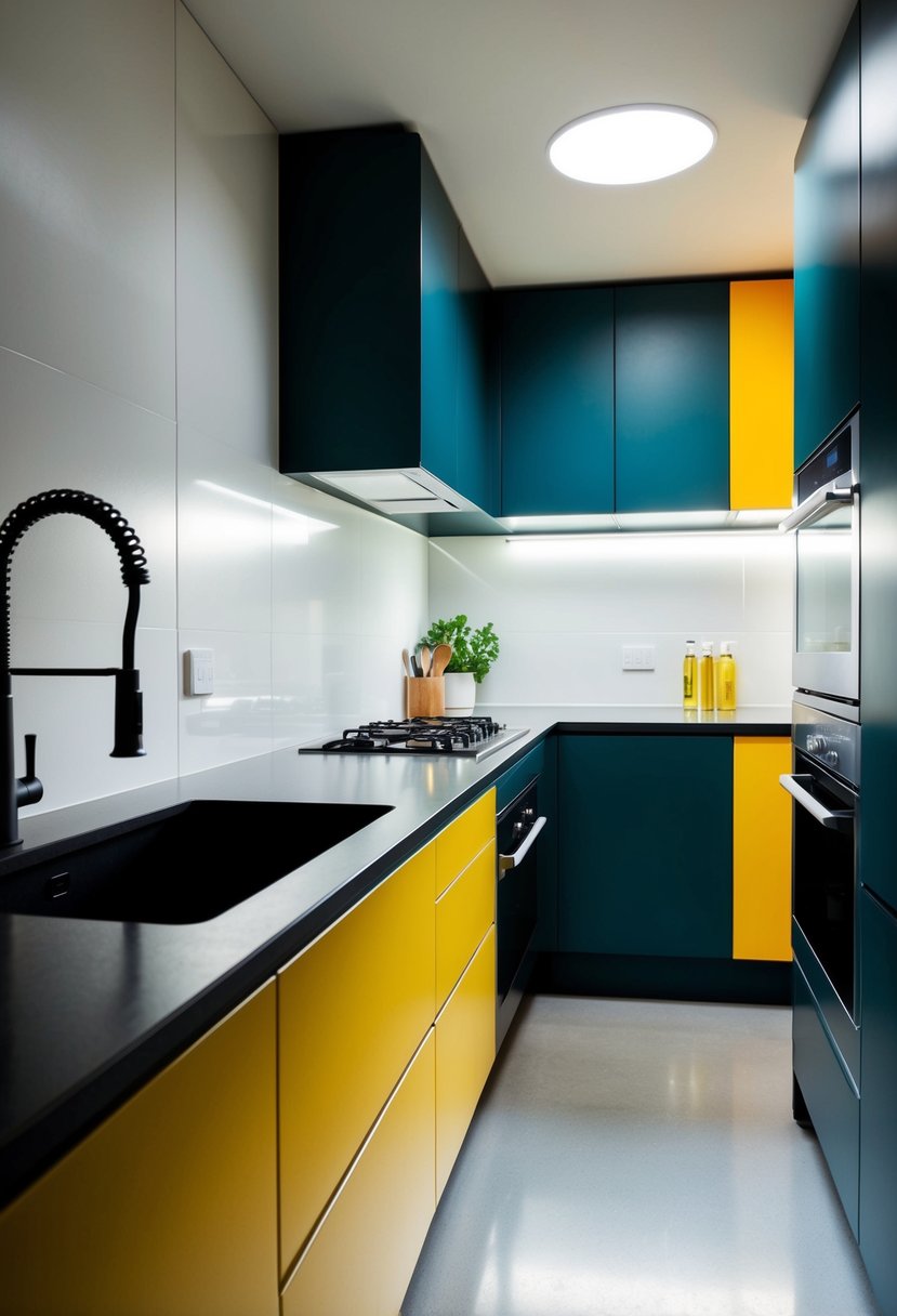 A small galley kitchen with bold, daring cabinet color, featuring sleek countertops and modern appliances