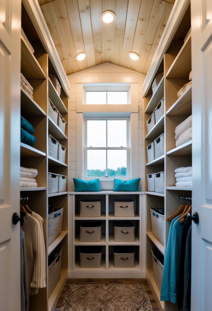 A cozy closet in a tiny house, with shelves, hanging space, and storage bins neatly organized