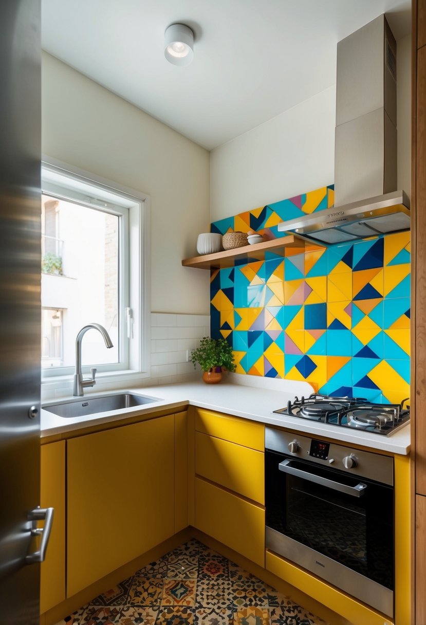 A small galley kitchen with a bold, colorful backsplash, featuring vibrant geometric patterns and modern tile designs