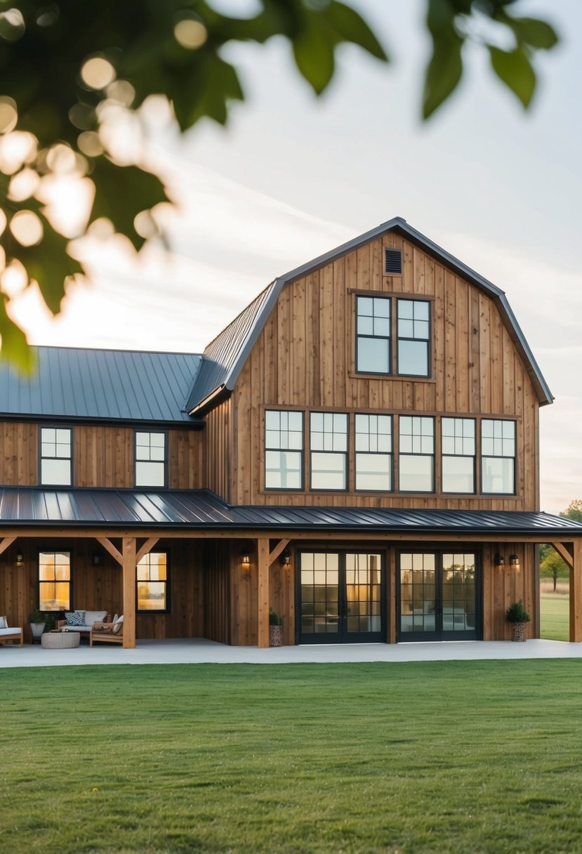 A two-story barndominium with spacious living areas, large windows, and a rustic exterior