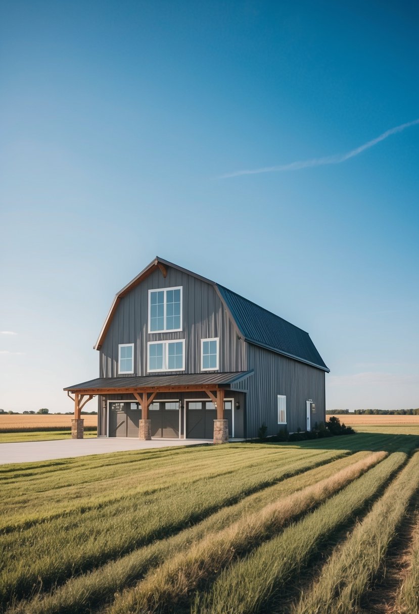 A 2-story barndominium with rustic exterior elements and modern aesthetics, surrounded by open fields and a clear blue sky