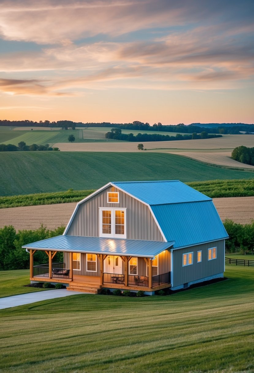 A 2-story barndominium with a spacious open floor plan, large windows, and a wrap-around porch, surrounded by rolling fields and a picturesque landscape