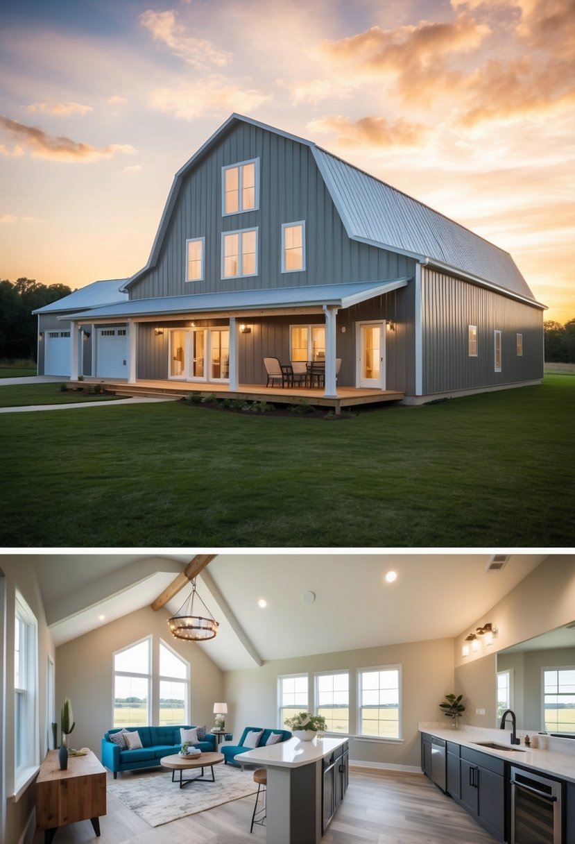 A two-story barndominium with spacious living and dining areas, a modern kitchen, and multiple bedrooms and bathrooms