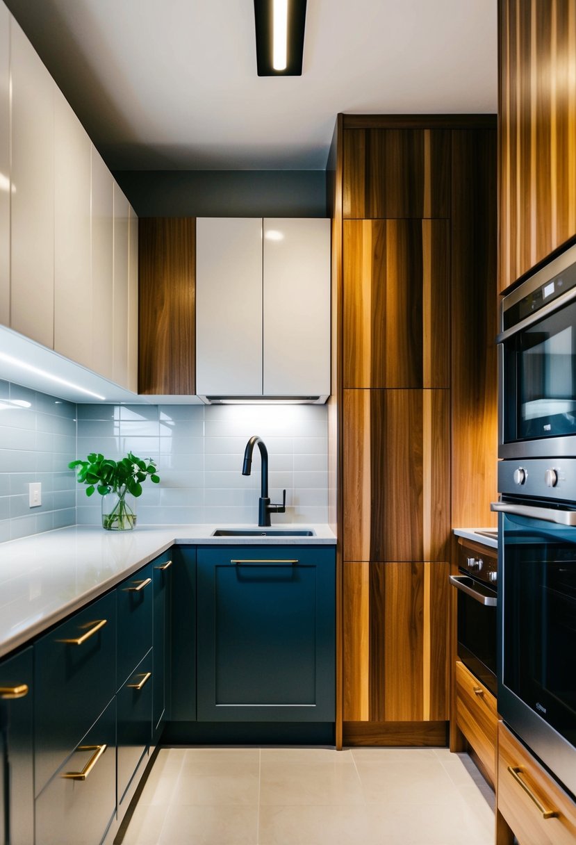 A small galley kitchen with a mix of cabinet styles, featuring sleek modern cabinets on one side and traditional wood cabinets on the other