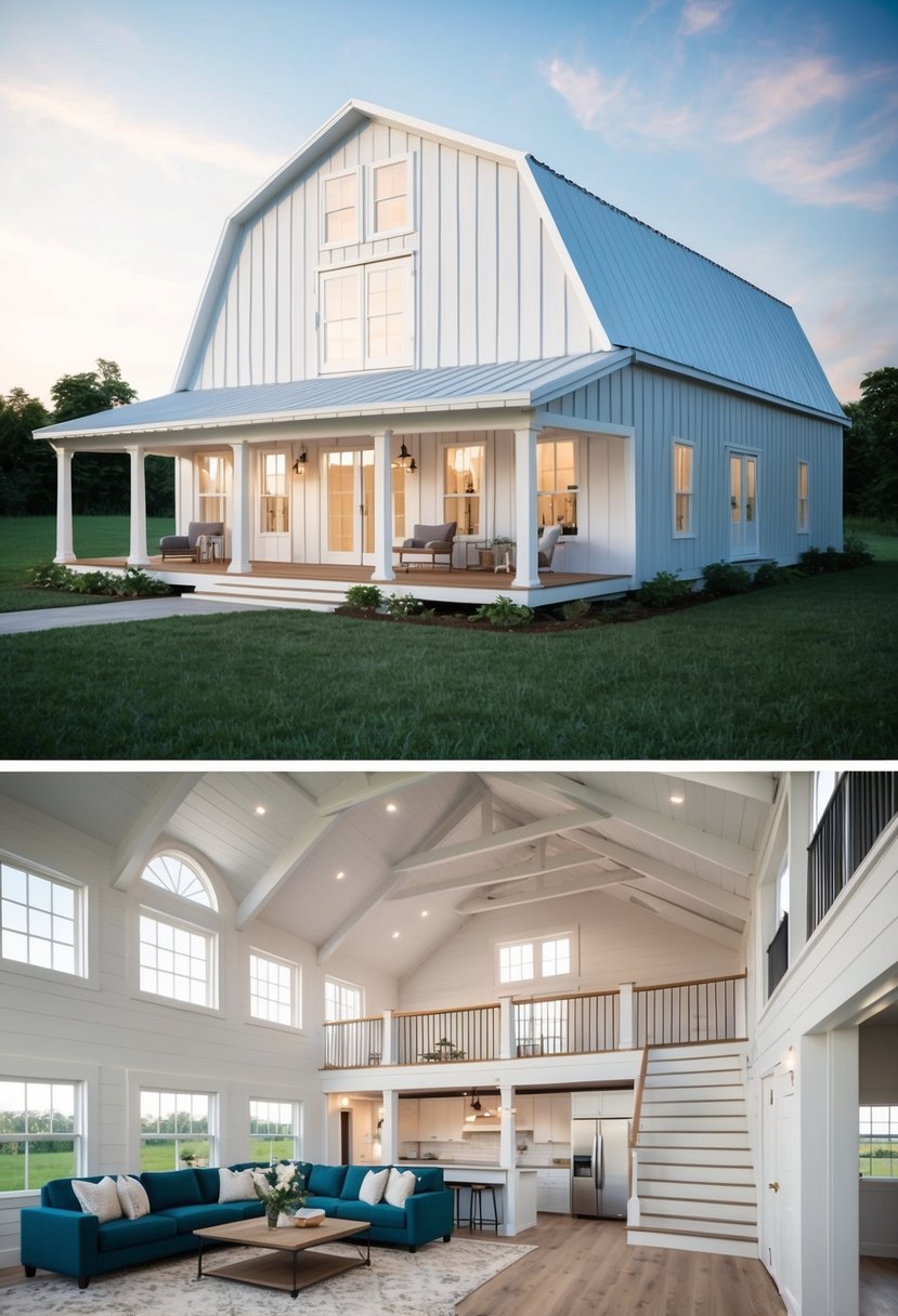 A spacious 2-story barndominium with large windows, a wrap-around porch, and a detached garage. The living spaces include a modern kitchen, cozy living room, and a bright, airy loft