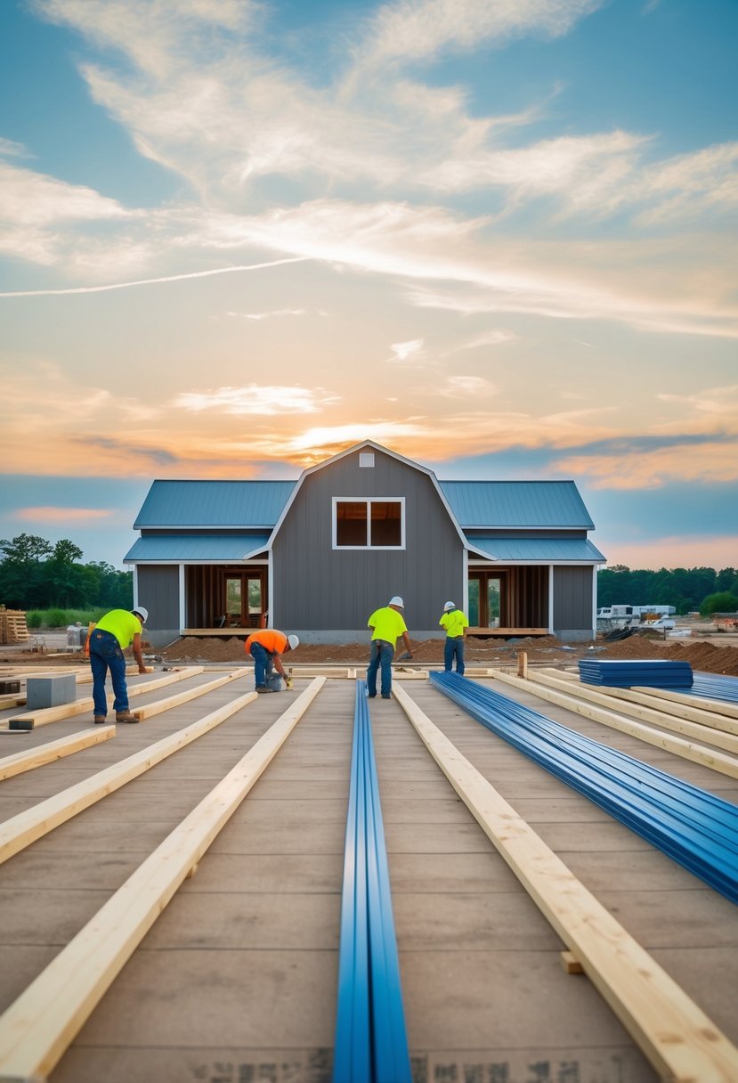 A construction site with workers laying out floor plans for a barndominium