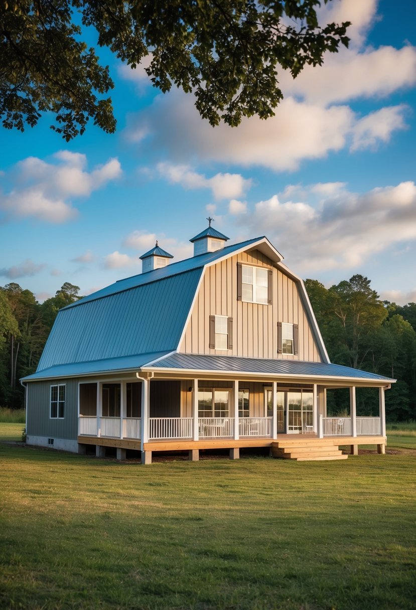 A 2-story barndominium with spacious living areas, large windows, and a wrap-around porch, nestled in a picturesque rural setting