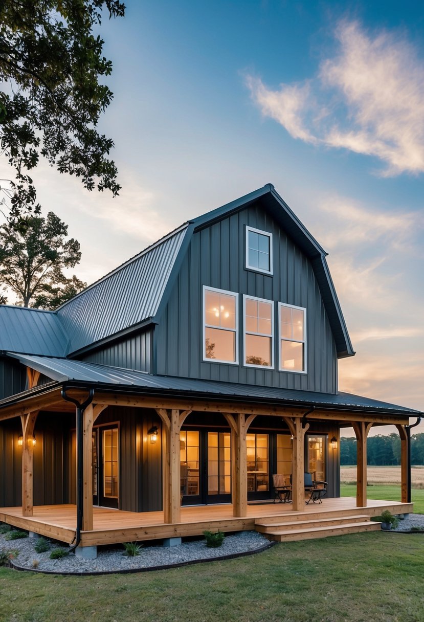 A two-story barndominium with a spacious open floor plan, large windows, and a wrap-around porch. Rustic yet modern with a mix of wood and metal elements