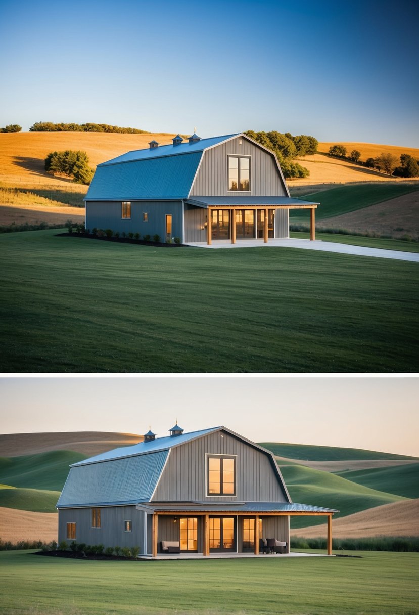 A two-story barndominium with a spacious open floor plan, large windows, and a rustic exterior surrounded by rolling hills and a clear blue sky