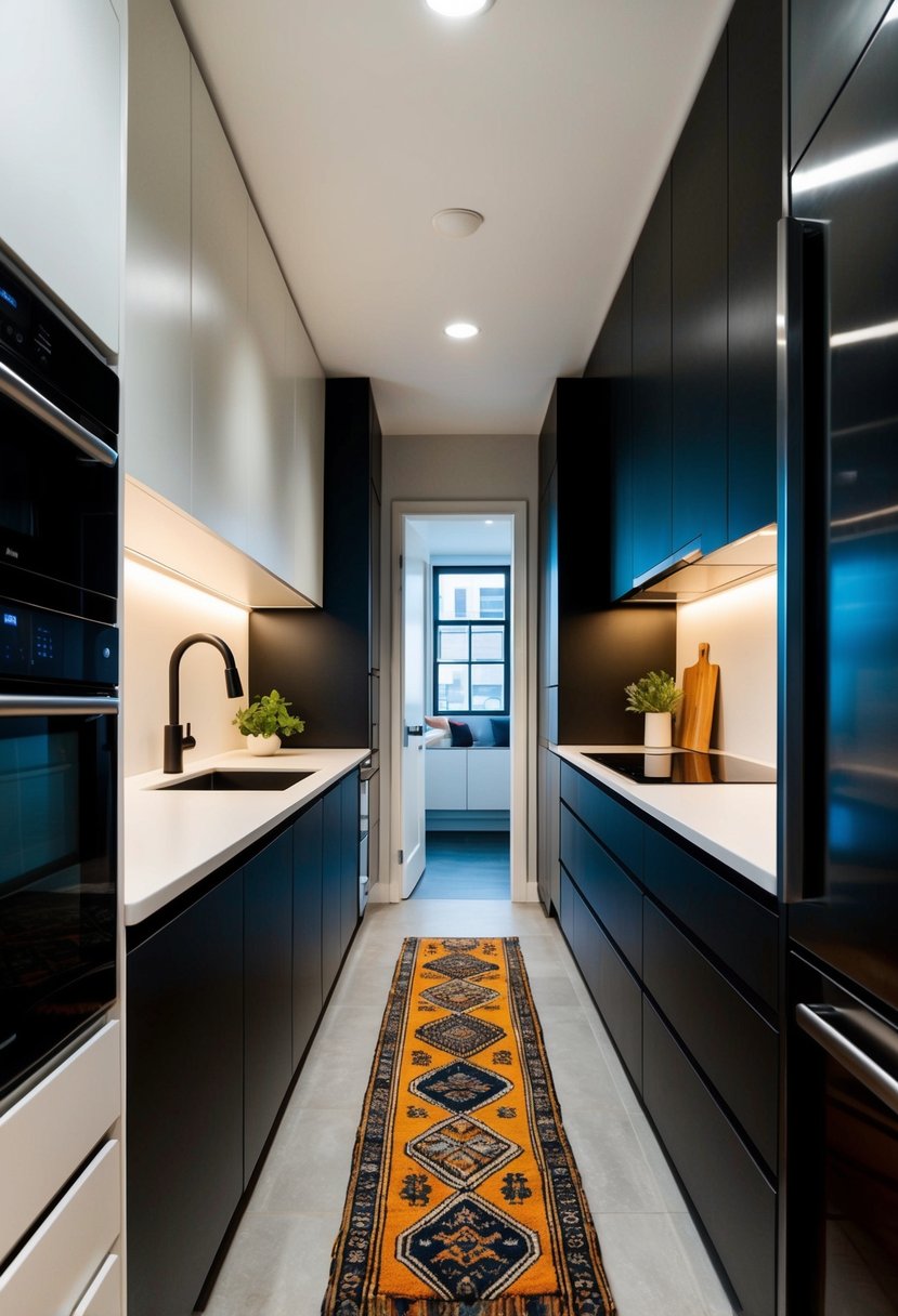 A narrow galley kitchen with modern appliances and sleek cabinetry, featuring a statement runner rug adding a pop of color and pattern to the space