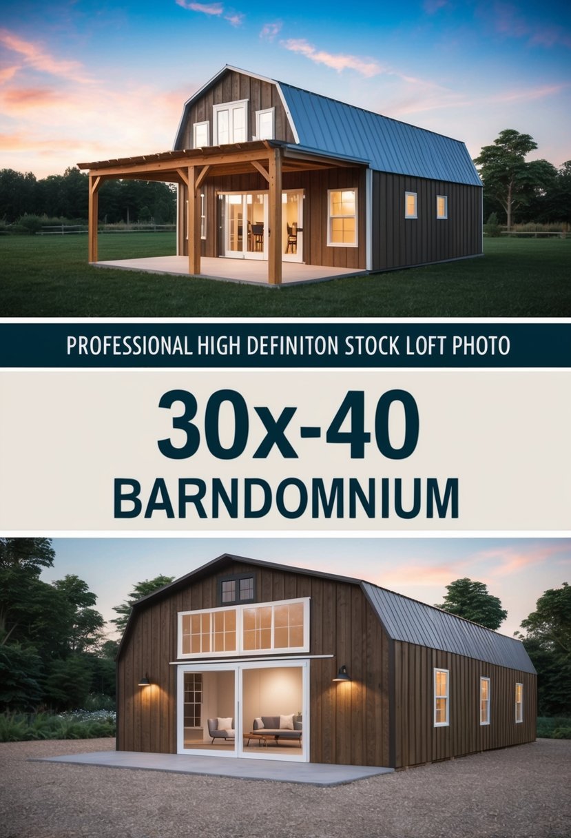 A 30x40 barndominium with a loft, featuring a spacious open floor plan, large windows, a rustic exterior, and a modern interior design