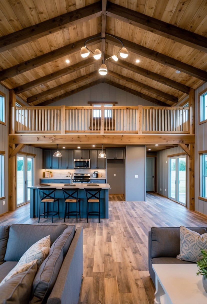 A spacious 30x40 barndominium floor plan with a loft, featuring an open living area, kitchen, and dining space on the first floor, with a staircase leading up to the loft area