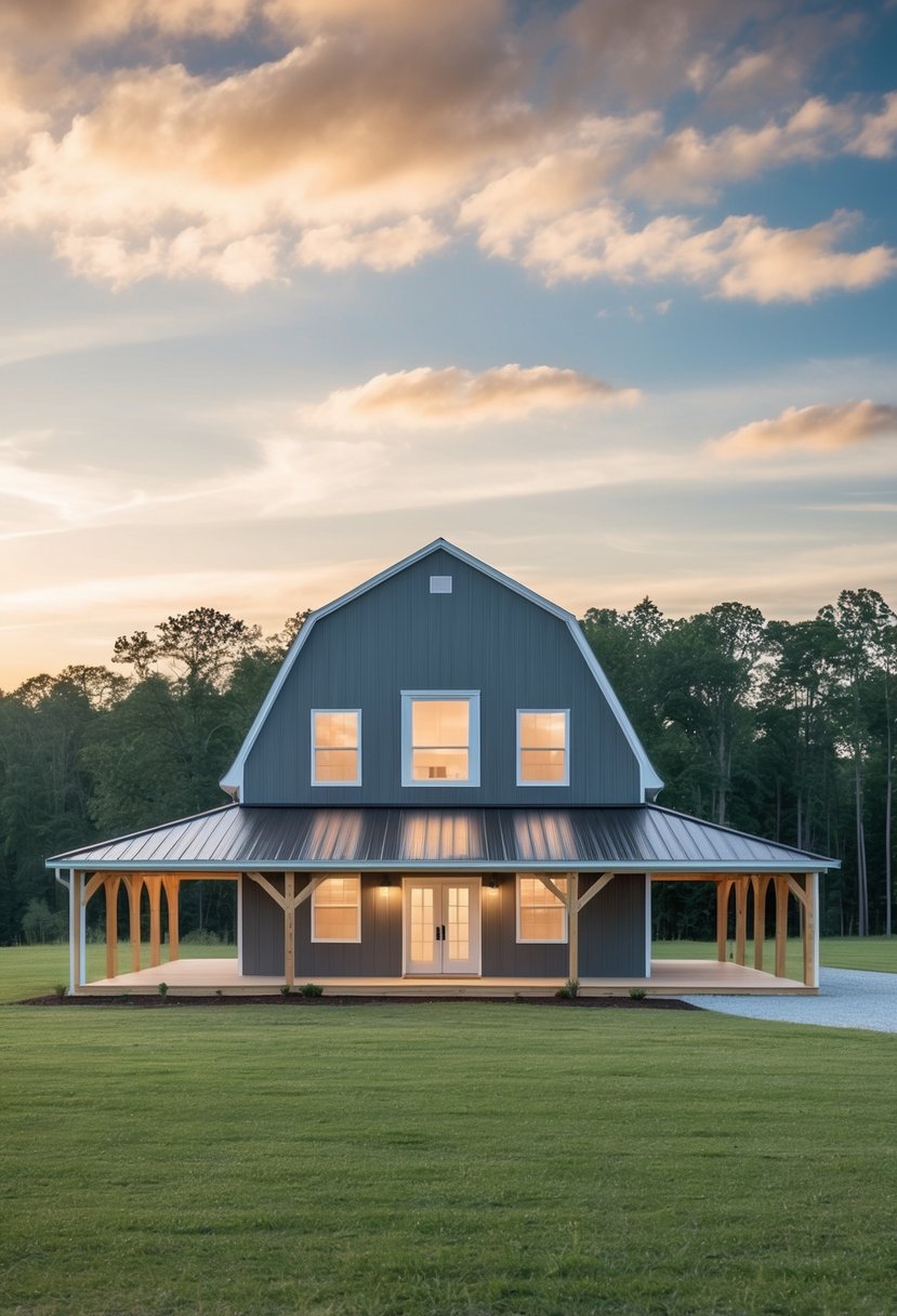 A spacious 30x40 barndominium with a 2-story layout, featuring large windows, a wrap-around porch, and a barn-style roof