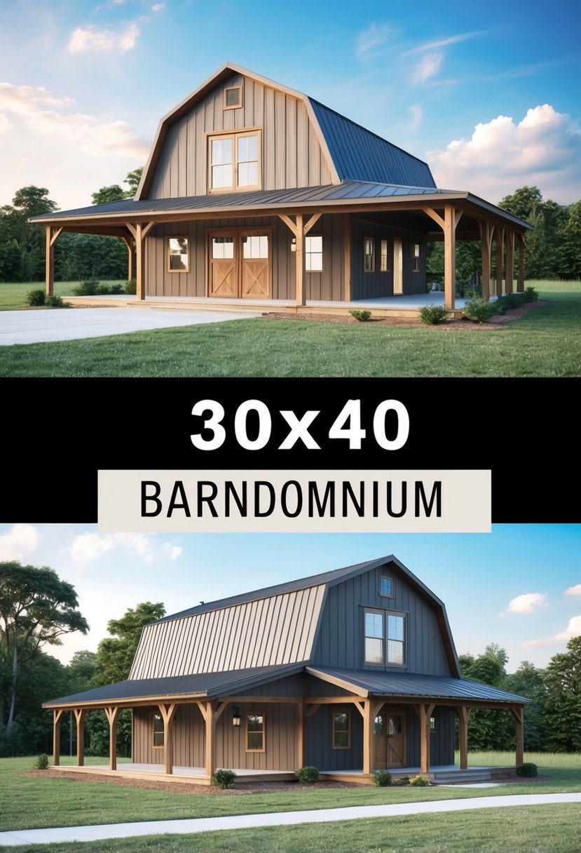 A 30x40 barndominium with a 2-story floor plan, featuring a spacious living area, kitchen, and bedrooms on the upper level. The exterior showcases a rustic barn-style design with large windows and a wrap-around porch