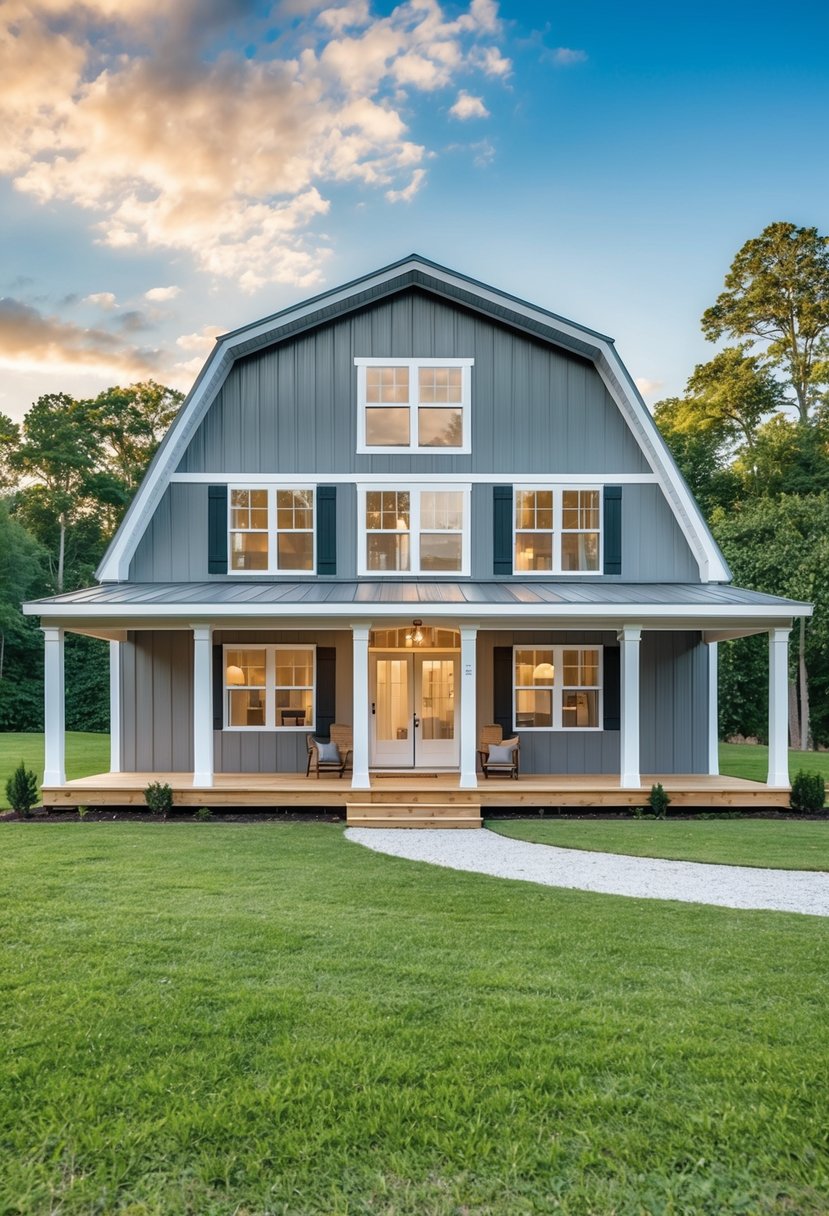 A 30x40 two-story barndominium with spacious living areas, large windows, and a wrap-around porch