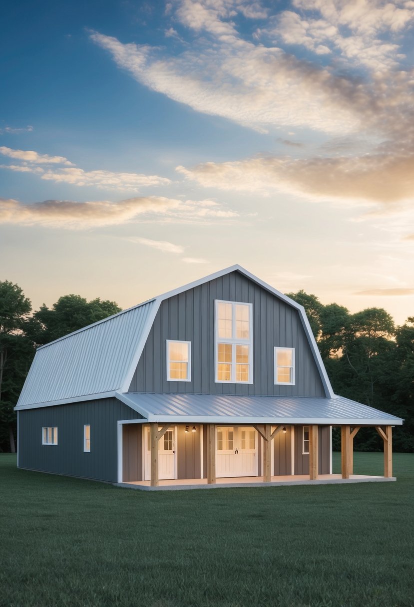 A 30x40 barndominium with two-story floor plans, featuring a spacious layout and modern design, with large windows and a covered porch