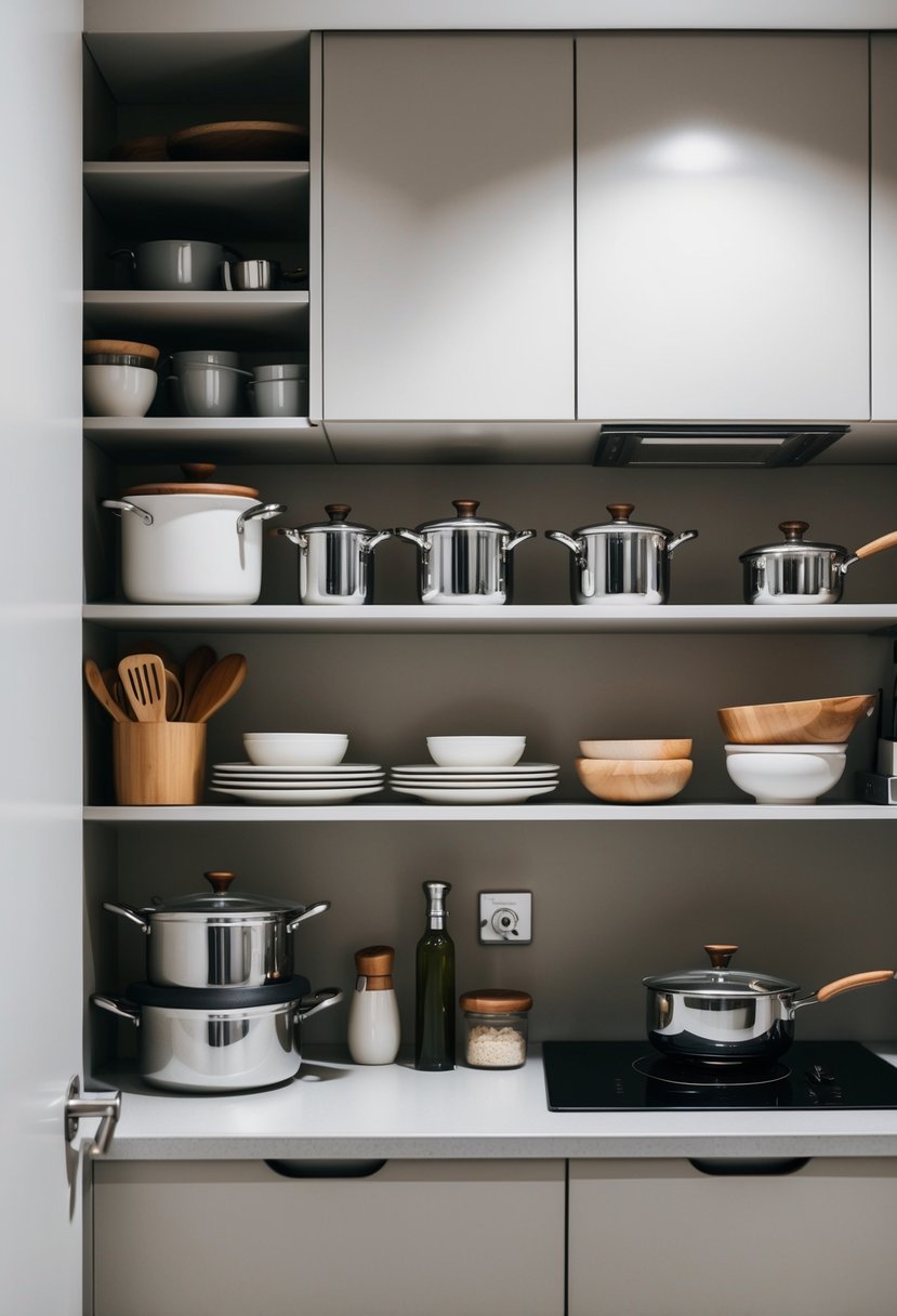 A small galley kitchen with open shelving displaying neatly arranged cookware, dishes, and culinary accessories