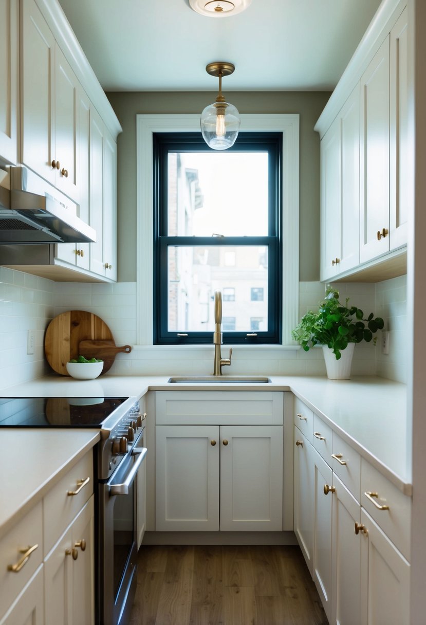 A small galley kitchen with white cabinets, light-colored countertops, and plenty of natural light streaming in through the windows