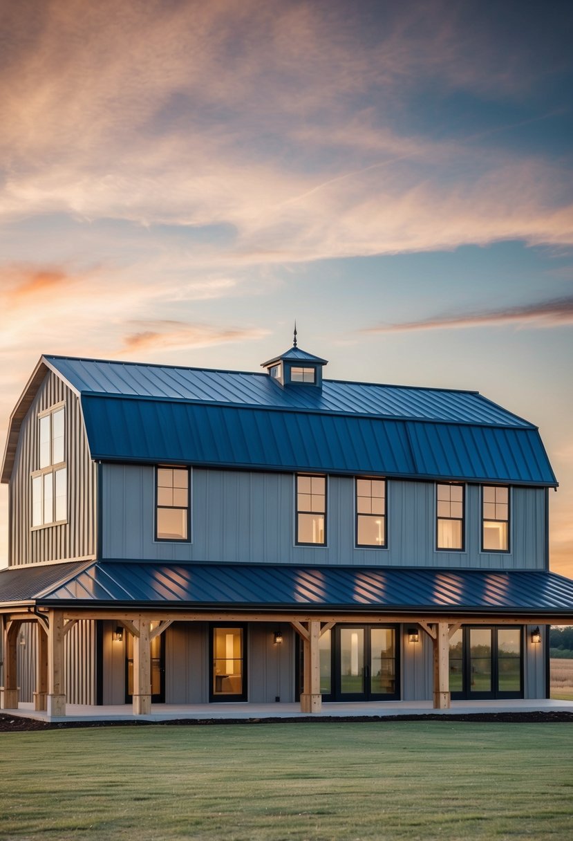 A spacious, modern barndominium with four bedrooms and a two-story layout, featuring large windows and a rustic yet sleek exterior design