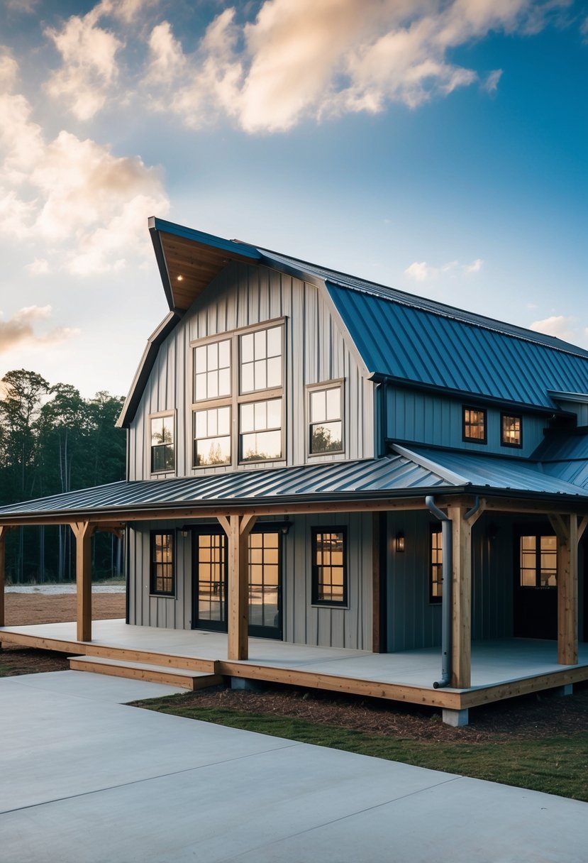 A spacious 2-story barndominium with a modern rustic aesthetic. Large windows, a wrap-around porch, and a metal roof add to the stylish design