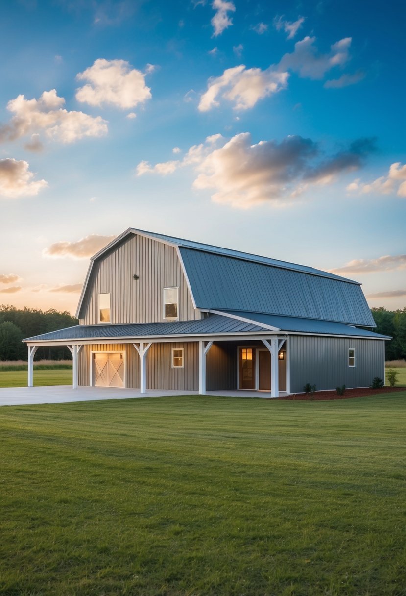 A spacious 4-bedroom, 2-story barndominium floor plan with open living areas, large windows, and a covered porch