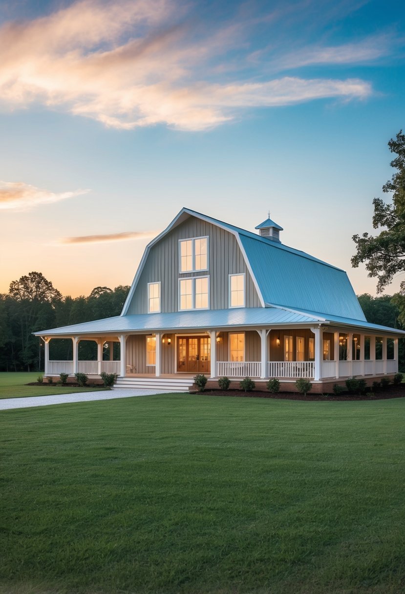 A sprawling 2-story barndominium with 4 bedrooms, featuring a spacious open floor plan, large windows, and a wrap-around porch