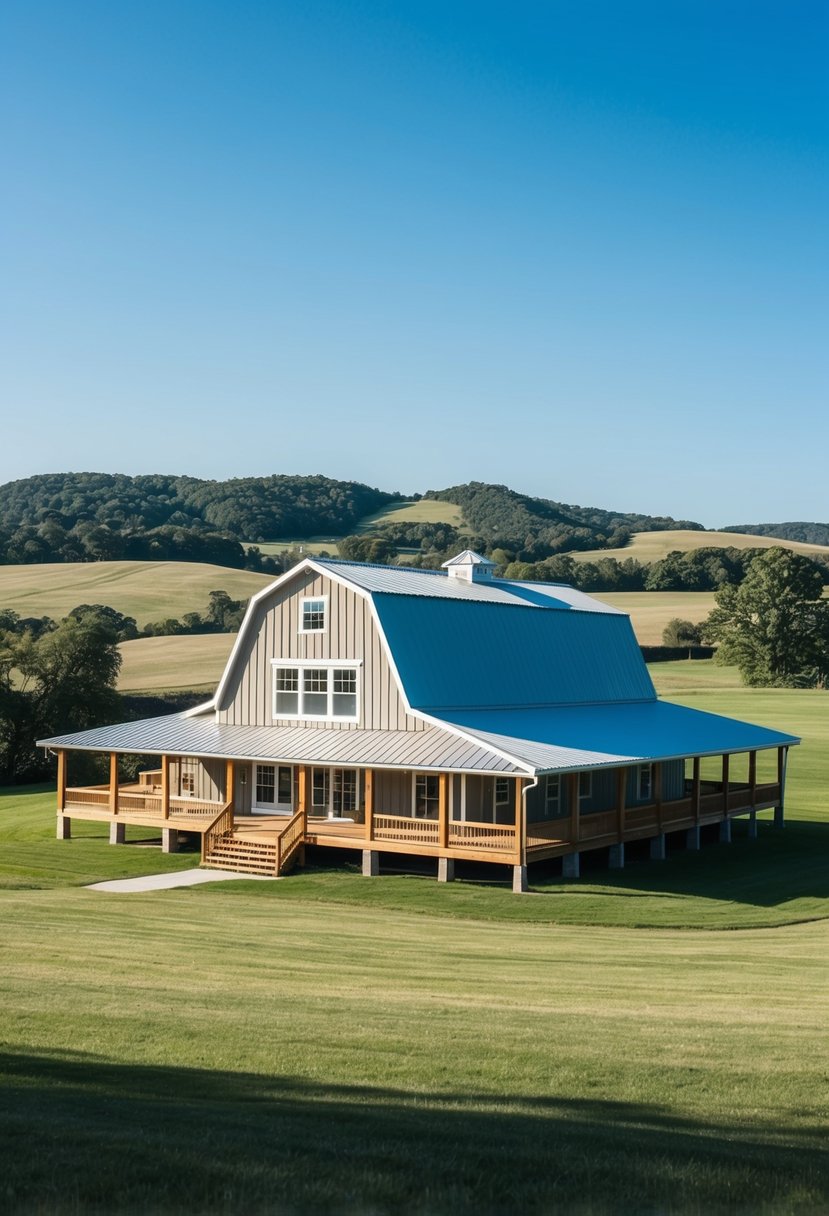 A spacious 2-story barndominium with 4 bedrooms, large windows, and a wrap-around porch, set against a backdrop of rolling hills and a clear blue sky