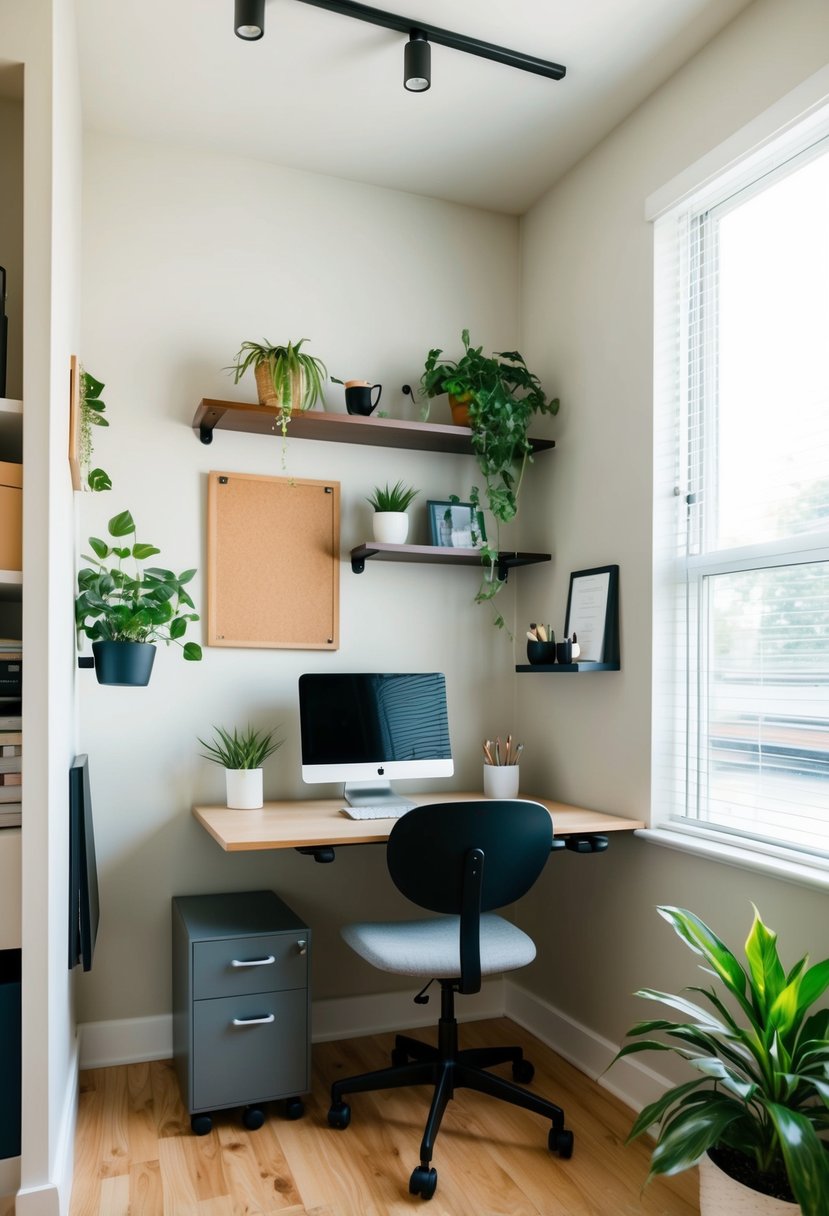 A cozy home office with a compact desk, wall-mounted shelves, and under-desk storage. A corkboard, plants, and a small filing cabinet complete the space