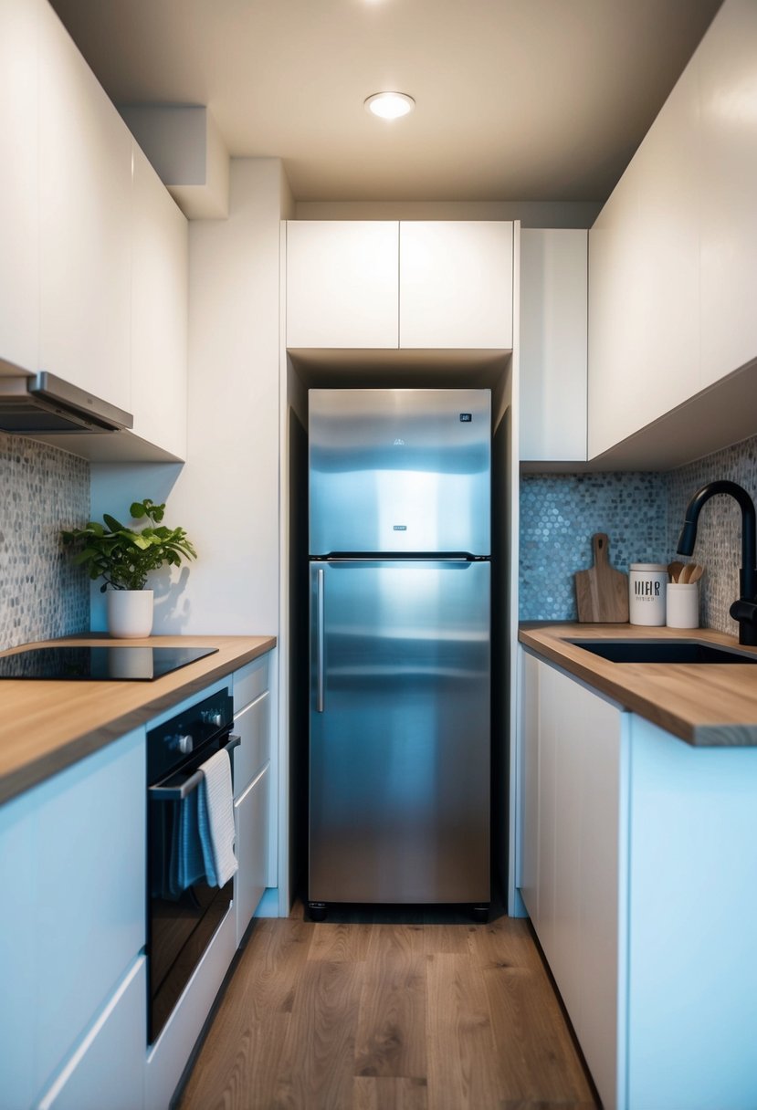 A small galley kitchen with a hidden fridge, featuring efficient storage, minimalistic design, and natural light