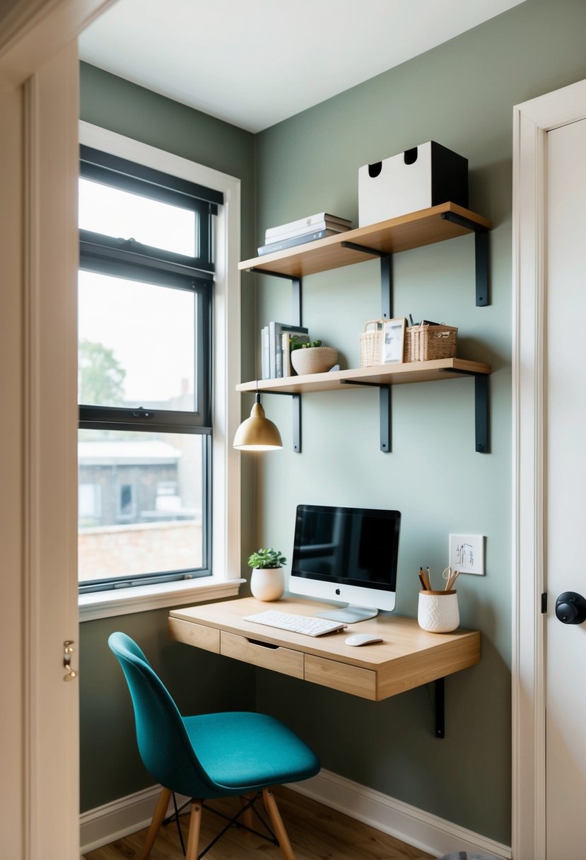 A cozy corner with a compact desk, wall-mounted shelves, and clever storage solutions for a tiny home office