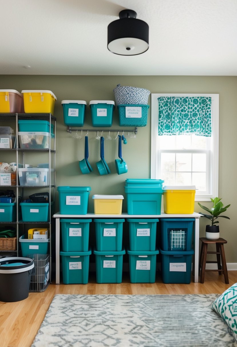 A cluttered room transformed into an organized space with labeled bins, hanging racks, and storage solutions from the dollar store